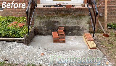 Brick front steps rebuild, masonry repair service - during service, after demo